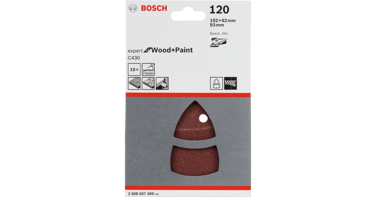 Bosch Schleifblatt C430 Expert for Wood and Paint, 102 x 62 / 93mm, K120(10 Stück, für Multischleifer)