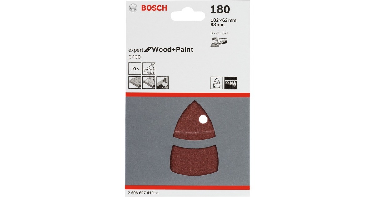 Bosch Schleifblatt C430 Expert for Wood and Paint, 102 x 62 / 93mm, K180(10 Stück, für Multischleifer)
