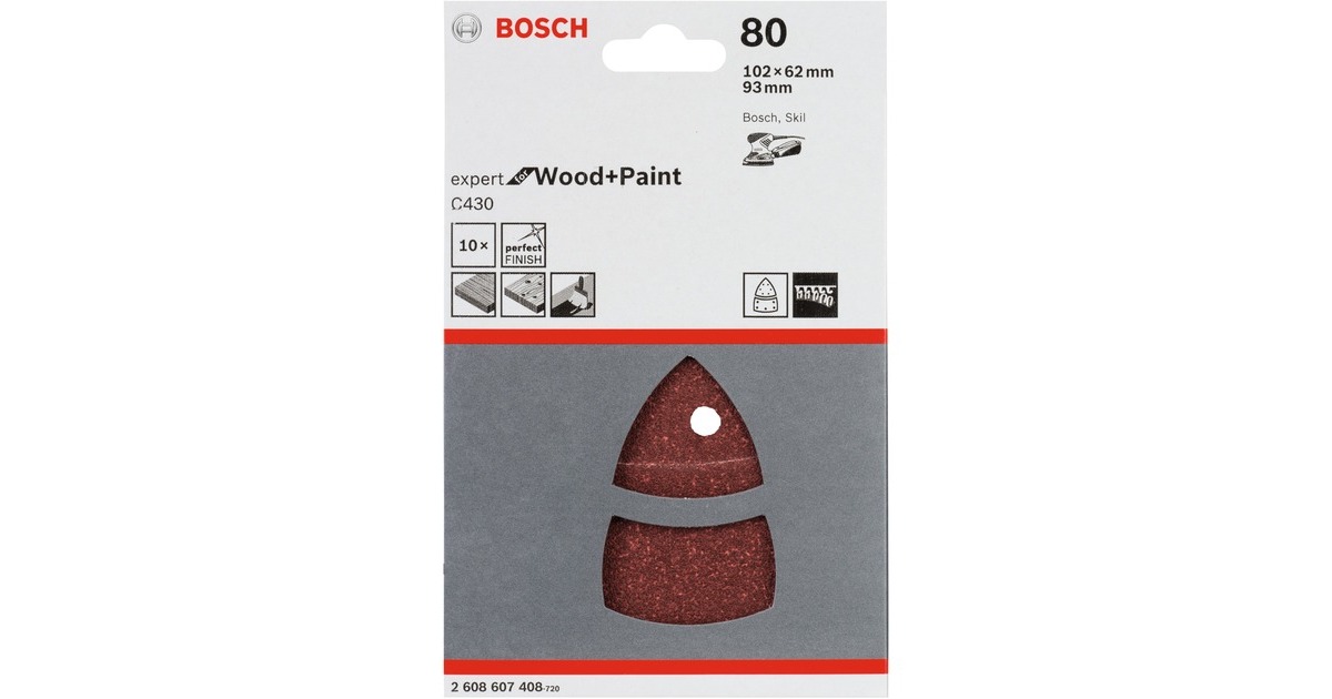 Bosch Schleifblatt C430 Expert for Wood and Paint, 102 x 62 / 93mm, K80(10 Stück, für Multischleifer)