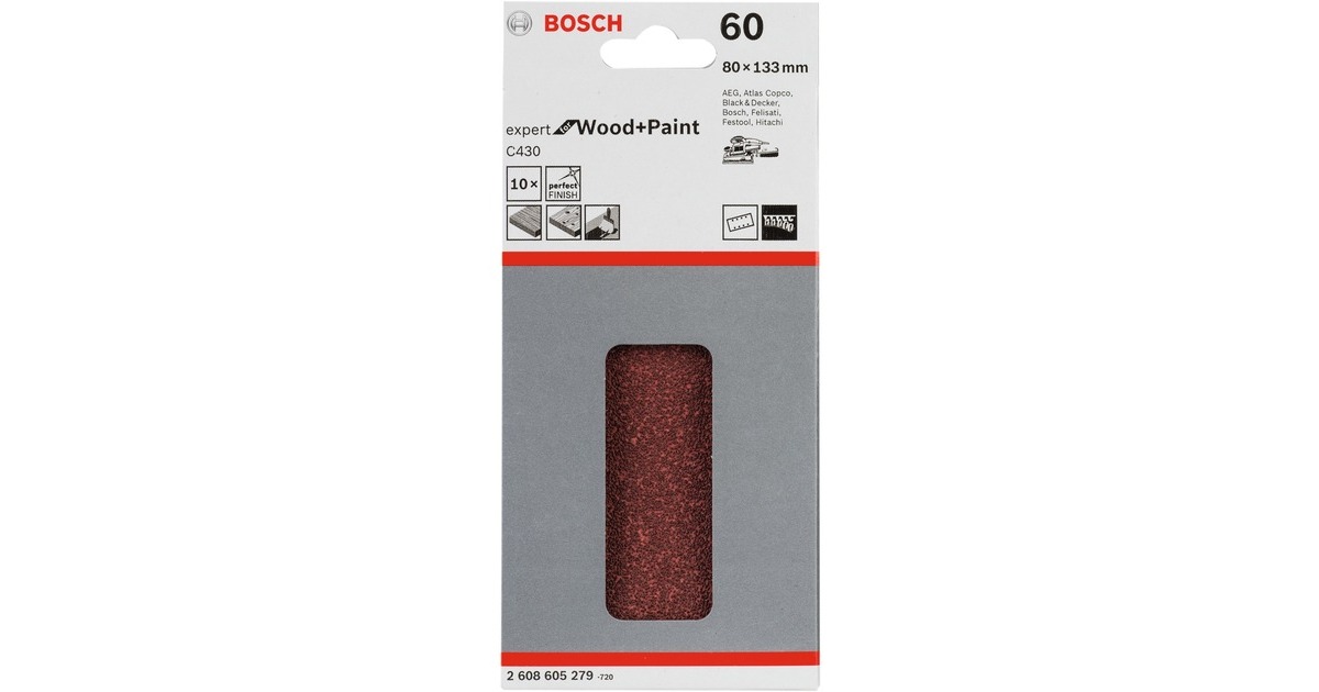 Bosch Schleifblatt C430 Expert for Wood and Paint, 80x133mm, K60(10 Stück, für Schwingschleifer)
