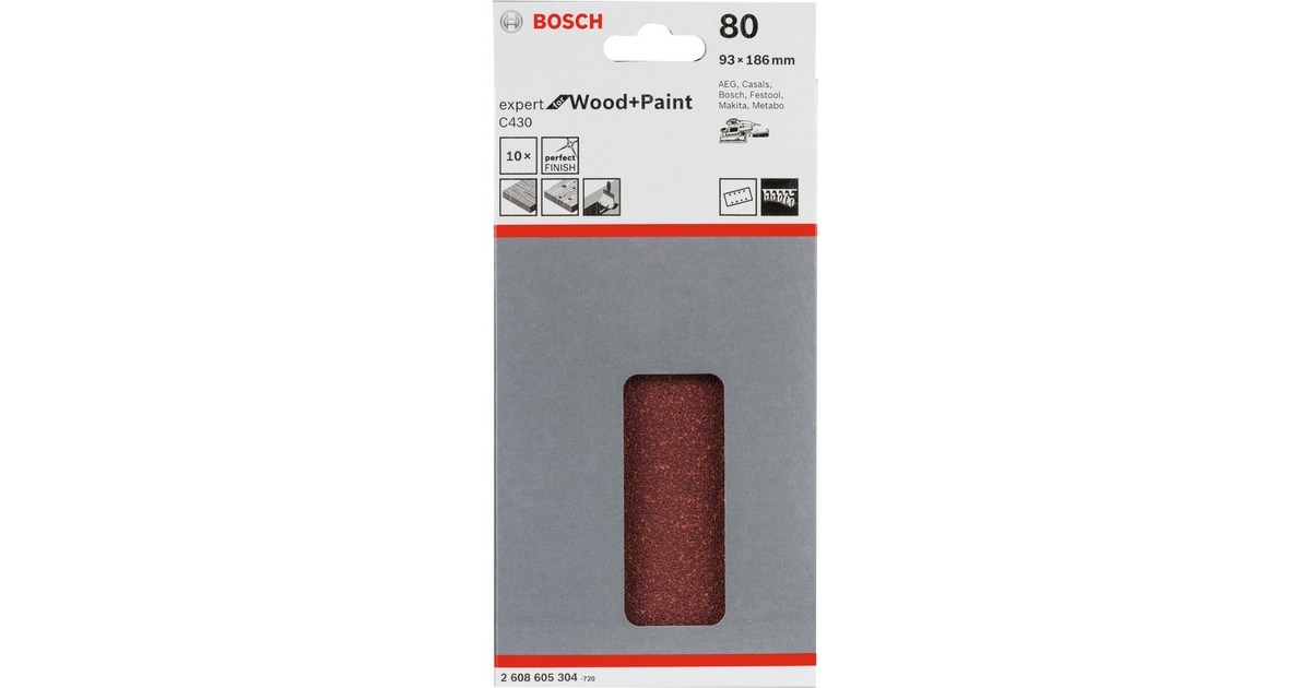 Bosch Schleifblatt C430 Expert for Wood and Paint, 93 x 186mm, K80(10 Stück, für Schwingschleifer)