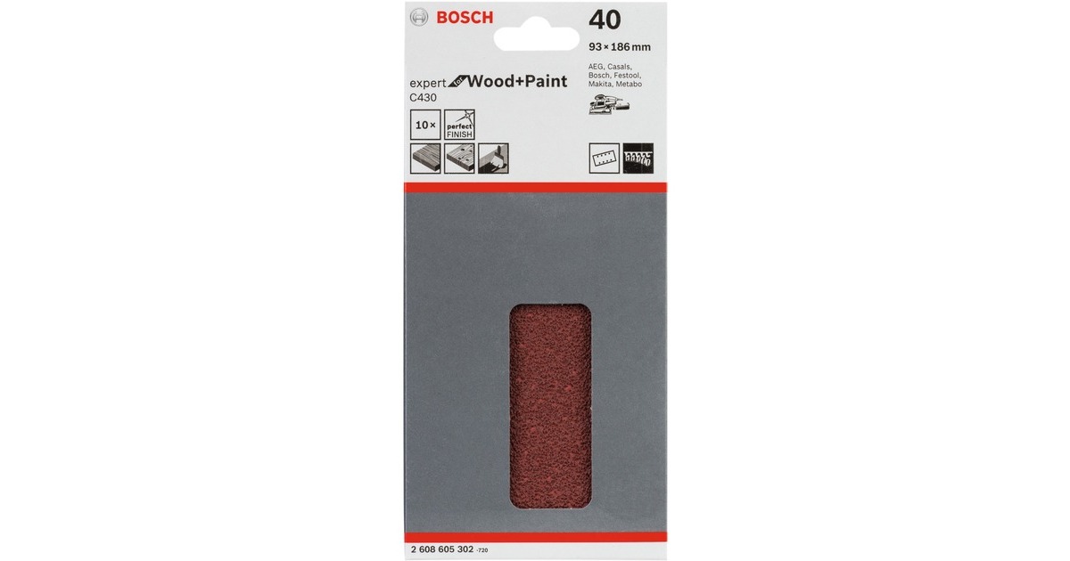 Bosch Schleifblatt C430 Expert for Wood and Paint, 93x186mm, K40(10 Stück, für Schwingschleifer)
