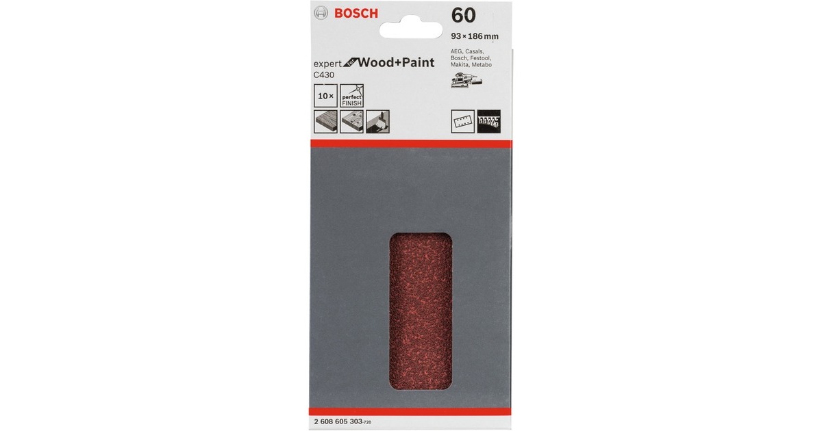 Bosch Schleifblatt C430 Expert for Wood and Paint, 93x186mm, K60(10 Stück, für Schwingschleifer)