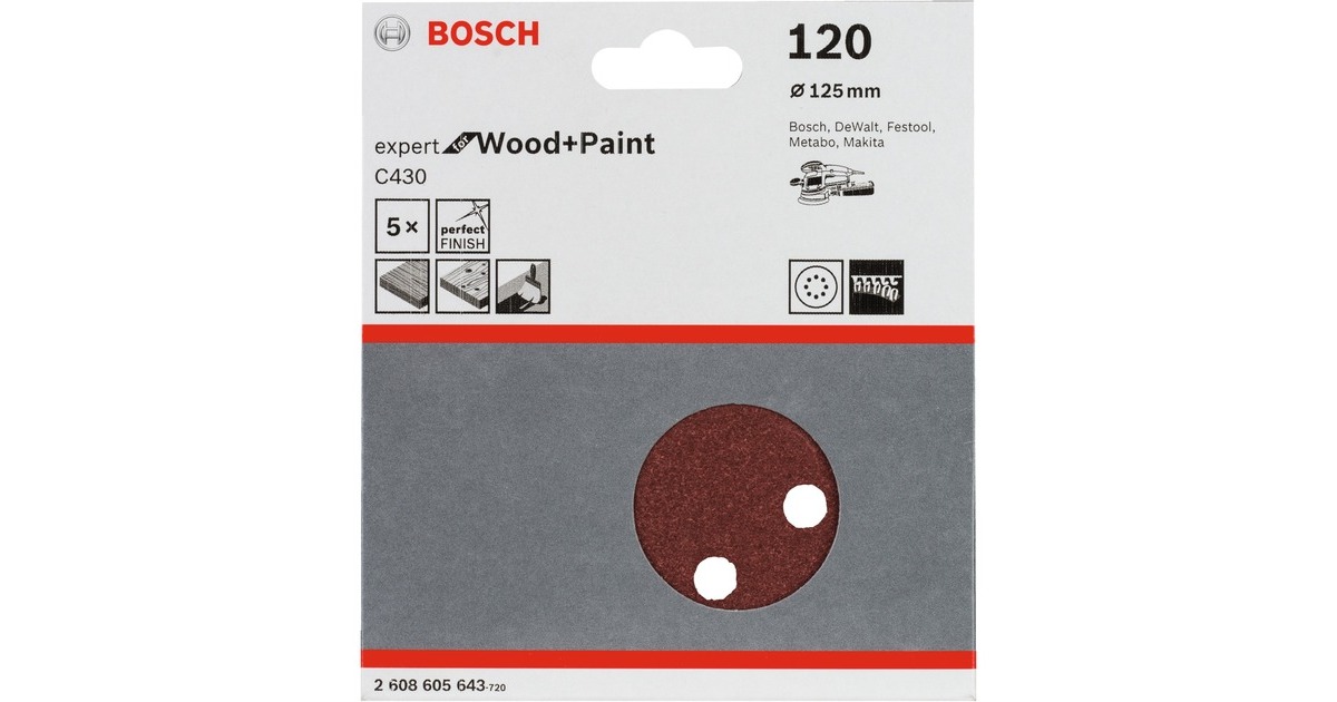 Bosch Schleifblatt C430 Expert for Wood and Paint, Ø 125mm, K120(5 Stück, für Exzenterschleifer)