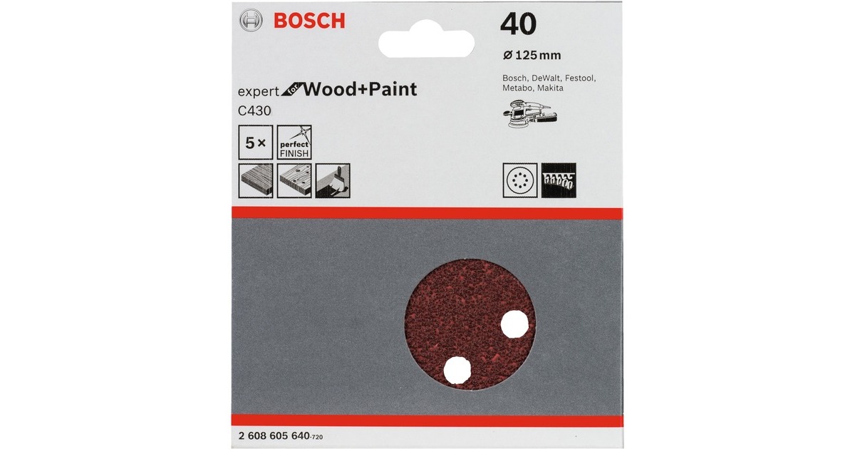 Bosch Schleifblatt C430 Expert for Wood and Paint, Ø 125mm, K40(5 Stück, für Exzenterschleifer)