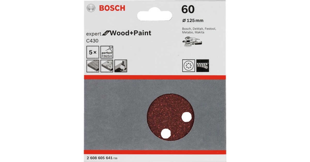 Bosch Schleifblatt C430 Expert for Wood and Paint, Ø 125mm, K60(5 Stück, für Exzenterschleifer)