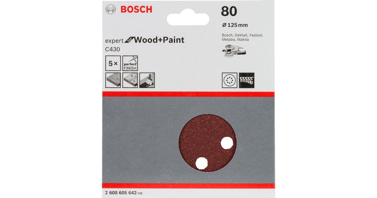 Bosch Schleifblatt C430 Expert for Wood and Paint, Ø 125mm, K80(5 Stück, für Exzenterschleifer)