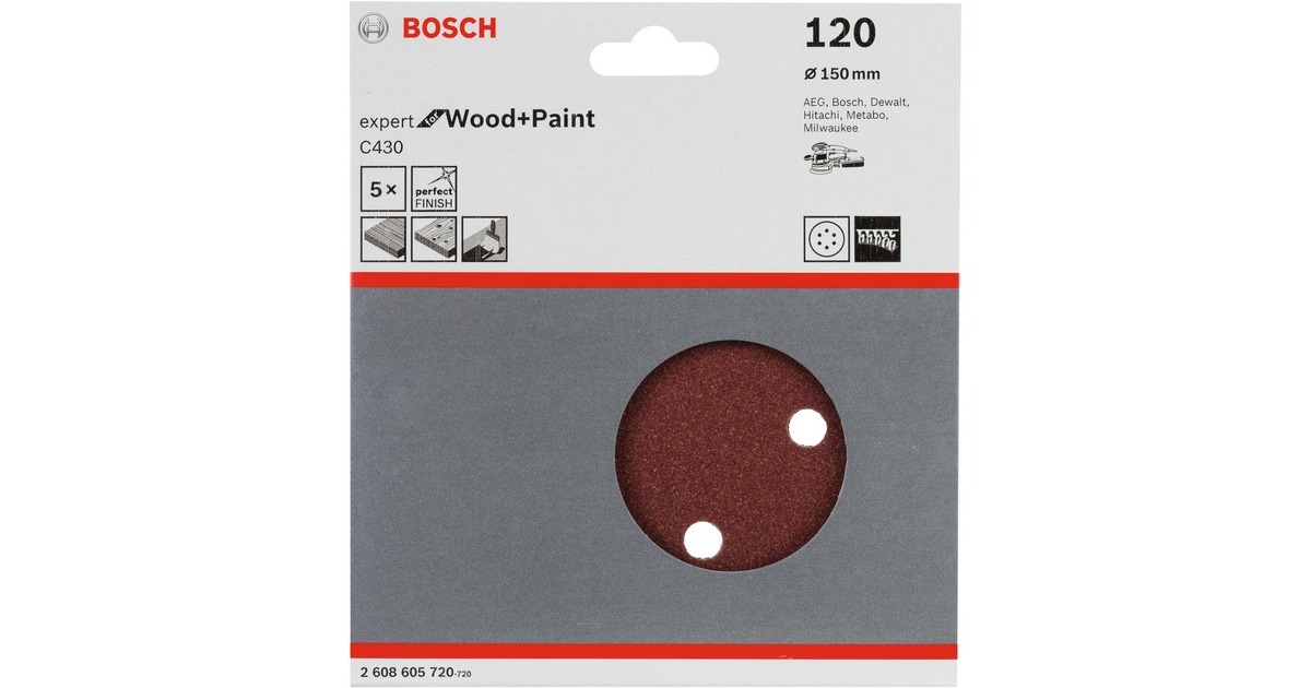 Bosch Schleifblatt C430 Expert for Wood and Paint, Ø 150mm, K120(5 Stück, für Exzenterschleifer)