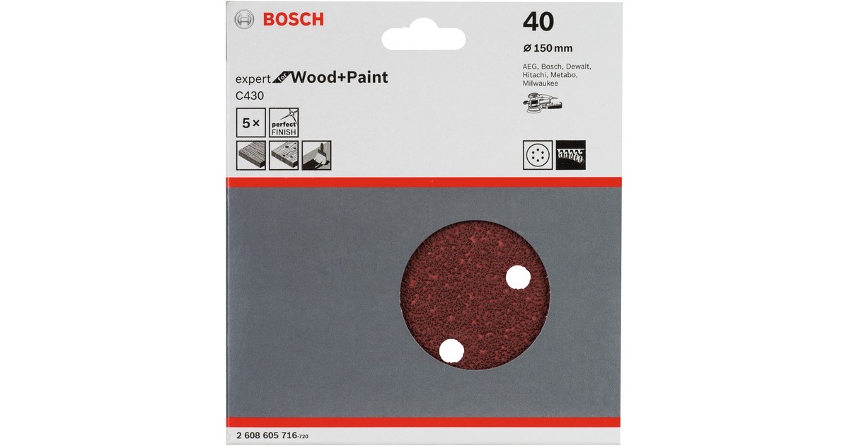 Bosch Schleifblatt C430 Expert for Wood and Paint, Ø 150mm, K40(5 Stück, für Exzenterschleifer)