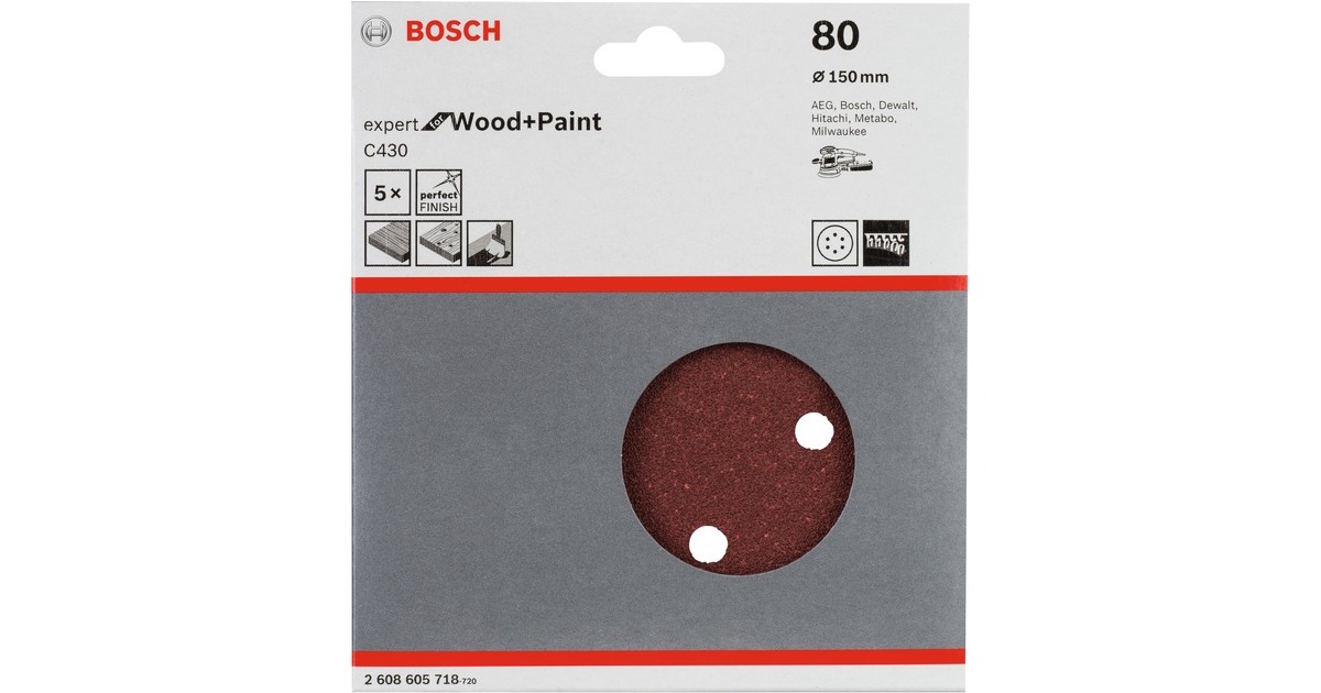Bosch Schleifblatt C430 Expert for Wood and Paint, Ø 150mm, K80(5 Stück, für Exzenterschleifer)