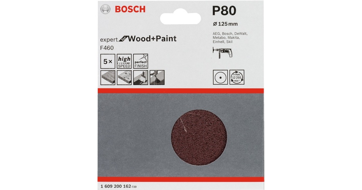 Bosch Schleifblatt F460 Expert for Wood and Paint, Ø 125mm, K80(5 Stück, für Bohrmaschinen)