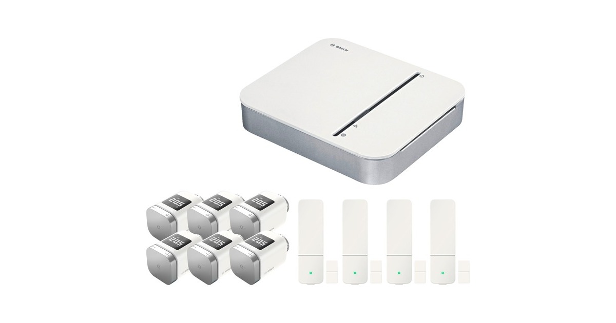 Bosch Smart Home Starterset Heizen Pro, Heizungssteuerung(1x Bosch Smart Home Controller, 6x Smart Home Heizkörper-Thermostat II, 4x Smart Home Tür-/Fensterkontakt II)