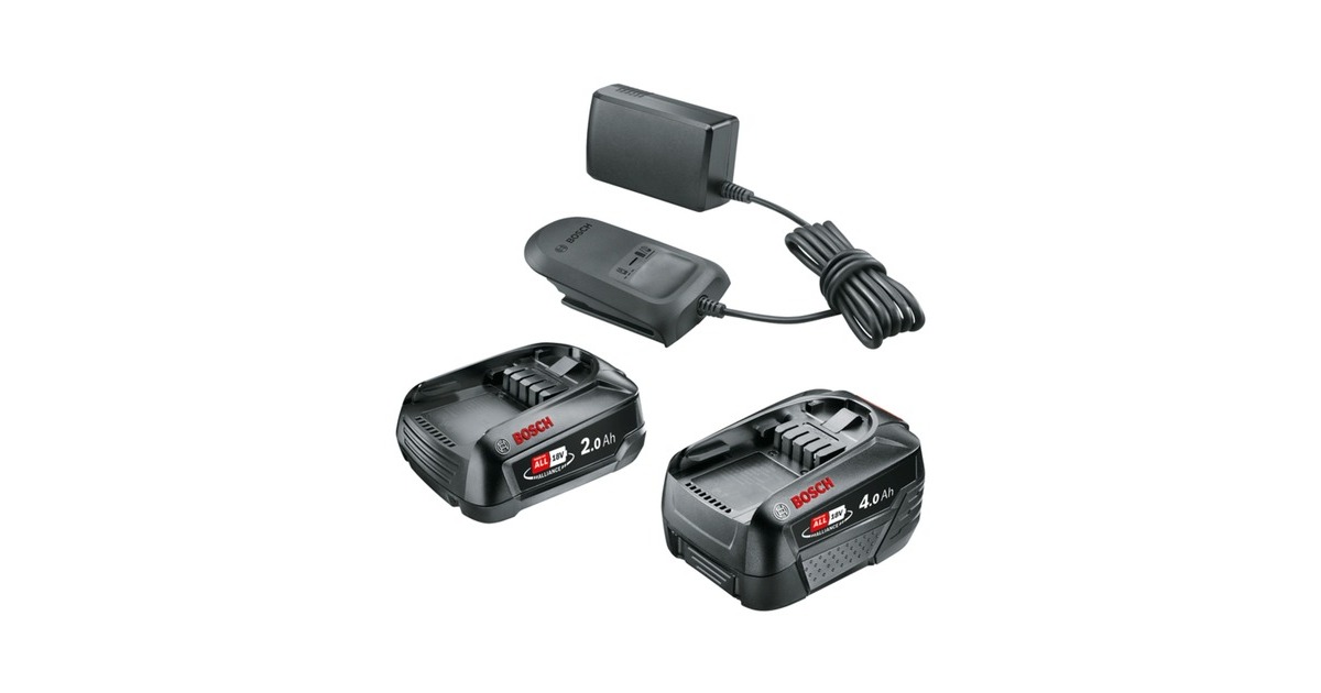 Bosch Starter-Set 18V (PBA 2.0Ah + PBA 4.0Ah + AL 18V-20), Ladegerät(schwarz, 2x Akku + Ladegerät, POWER FOR ALL ALLIANCE)
