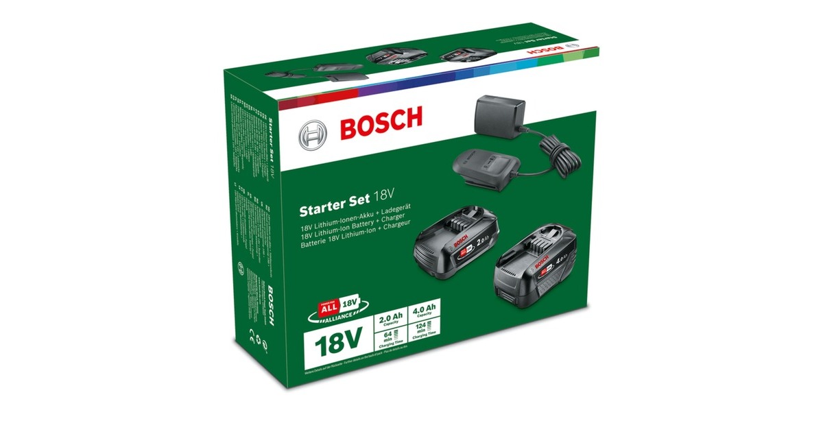 Bosch Starter-Set 18V (PBA 2.0Ah + PBA 4.0Ah + AL 18V-20), Ladegerät(schwarz, 2x Akku + Ladegerät, POWER FOR ALL ALLIANCE)