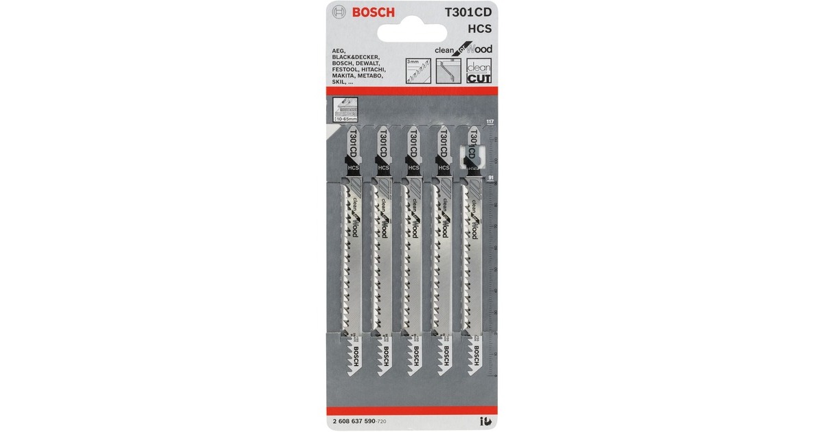 Bosch Stichsägeblatt T 301 CD Clean for Wood, 117mm(5 Stück)