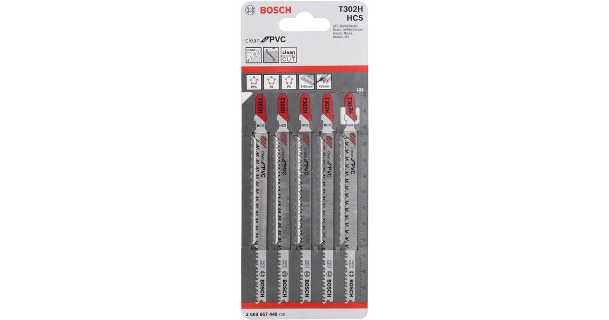 Bosch Stichsägeblatt T 302 H Clean for PVC, 132mm(5 Stück)