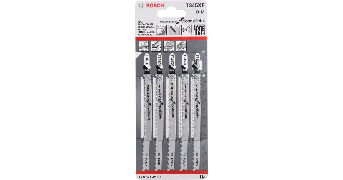 Bosch Stichsägeblatt T 345 XF Progressor for Wood and Metal, 132mm(schwarz, 5 Stück)