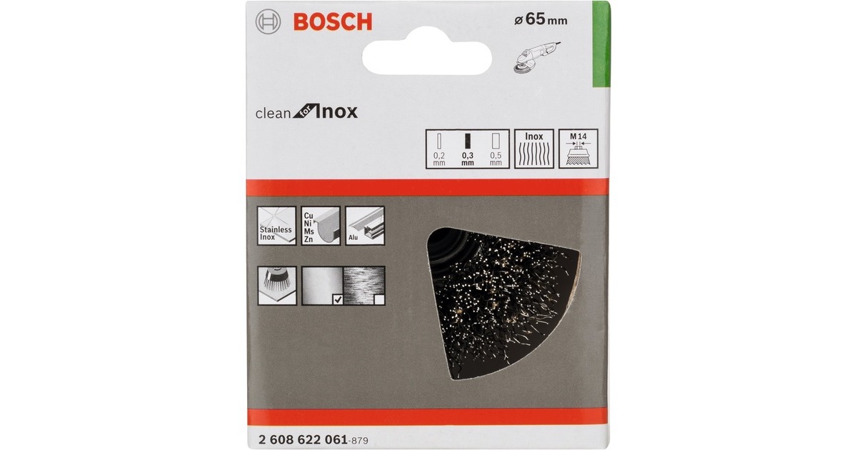 Bosch Topfbürste Clean for Inox, Ø 65mm, gewellt(0,3mm Edelstahldraht, M14, für Winkelschleifer)