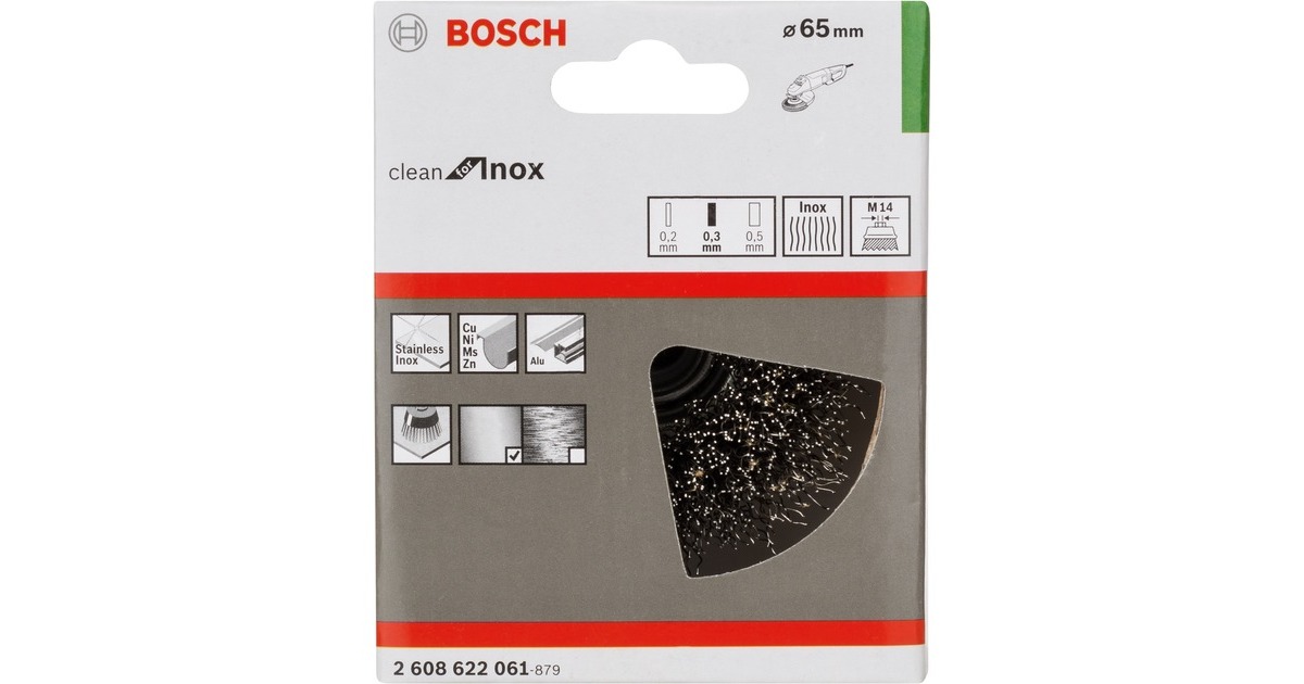 Bosch Topfbürste Clean for Inox, Ø 65mm, gewellt(0,3mm Edelstahldraht, M14, für Winkelschleifer)