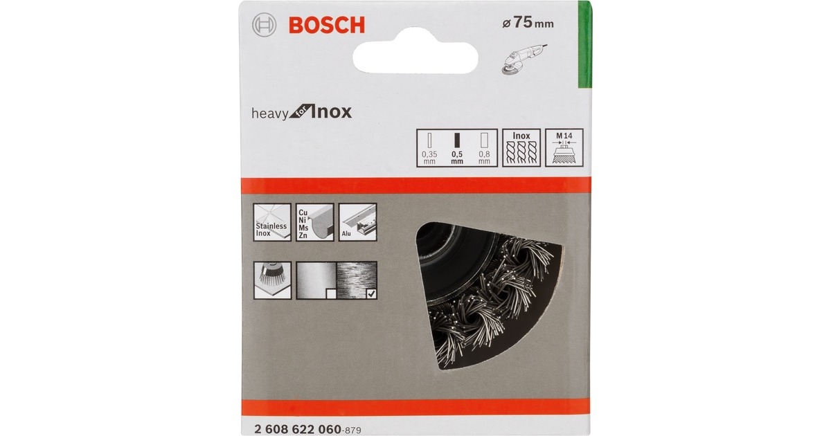 Bosch Topfbürste Heavy for Inox, Ø 75mm, gezopft(0,5mm Edelstahldraht, M14, für Winkelschleifer)