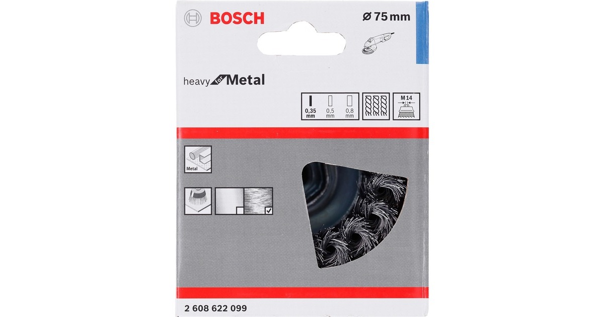 Bosch Topfbürste Heavy for Metal, Ø 75mm, gezopft(0,35mm Stahldraht, M14, für Winkelschleifer)