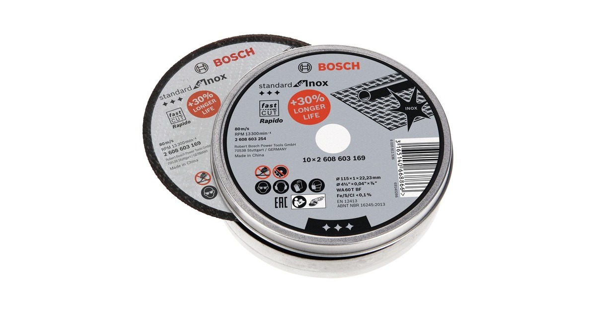 Bosch Trennscheibe Standard for Inox - Rapido, Ø 115mm(10 Stück, Bohrung 22,23mm, WA 60 T BF, gerade)