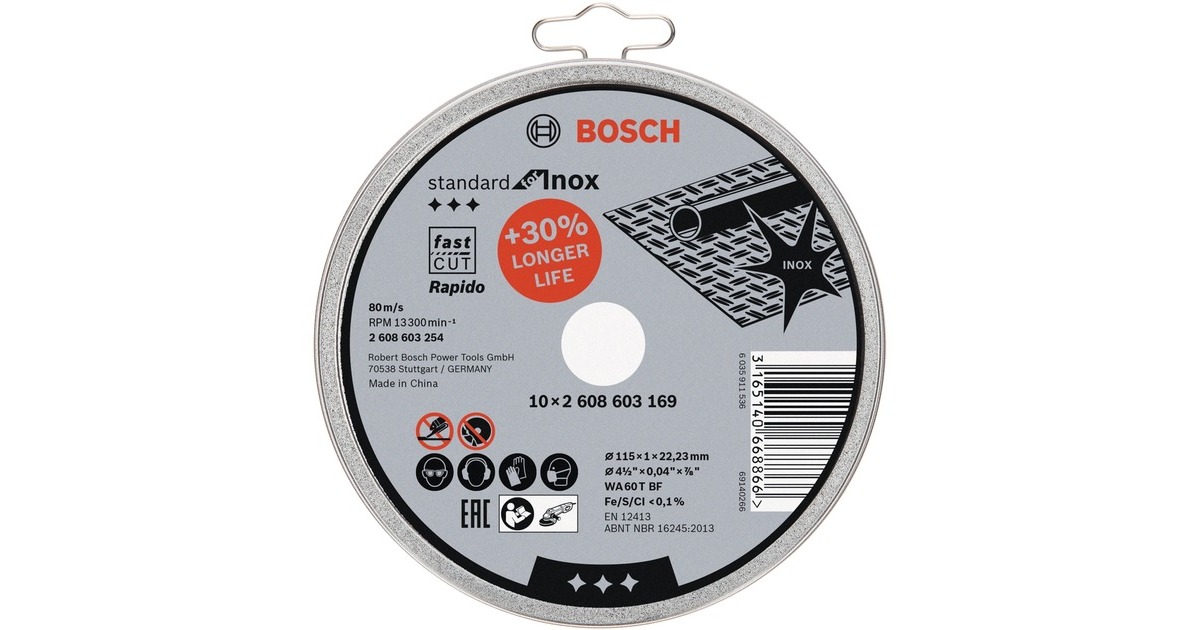 Bosch Trennscheibe Standard for Inox - Rapido, Ø 115mm(10 Stück, Bohrung 22,23mm, WA 60 T BF, gerade)
