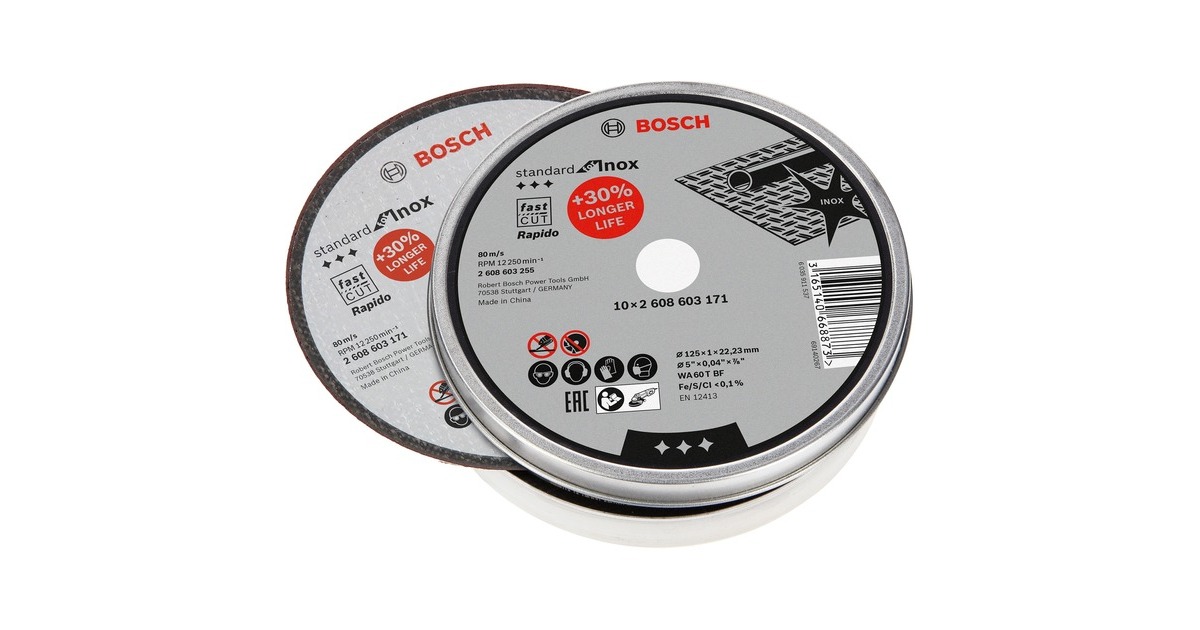 Bosch Trennscheibe Standard for Inox - Rapido, Ø 125mm(10 Stück, Bohrung 22,23mm, WA 60 T BF, gerade)