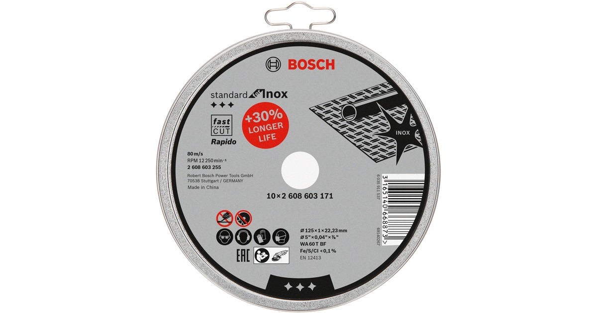 Bosch Trennscheibe Standard for Inox - Rapido, Ø 125mm(10 Stück, Bohrung 22,23mm, WA 60 T BF, gerade)