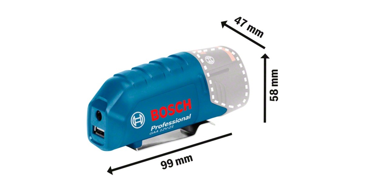 Bosch USB-Ladeadapter GAA 12V-21 Professional, Ladegerät(blau, für 10,8 / 12 Volt Akkus, 1x USB, 1x DC)