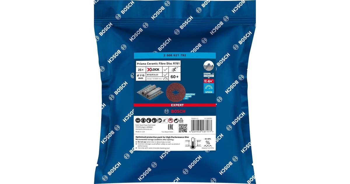 Bosch X-LOCK Expert R781 Prisma Ceramic Fiberschleifscheibe, Ø 115mm, K60(25 Stück, Bohrung 22,23mm)