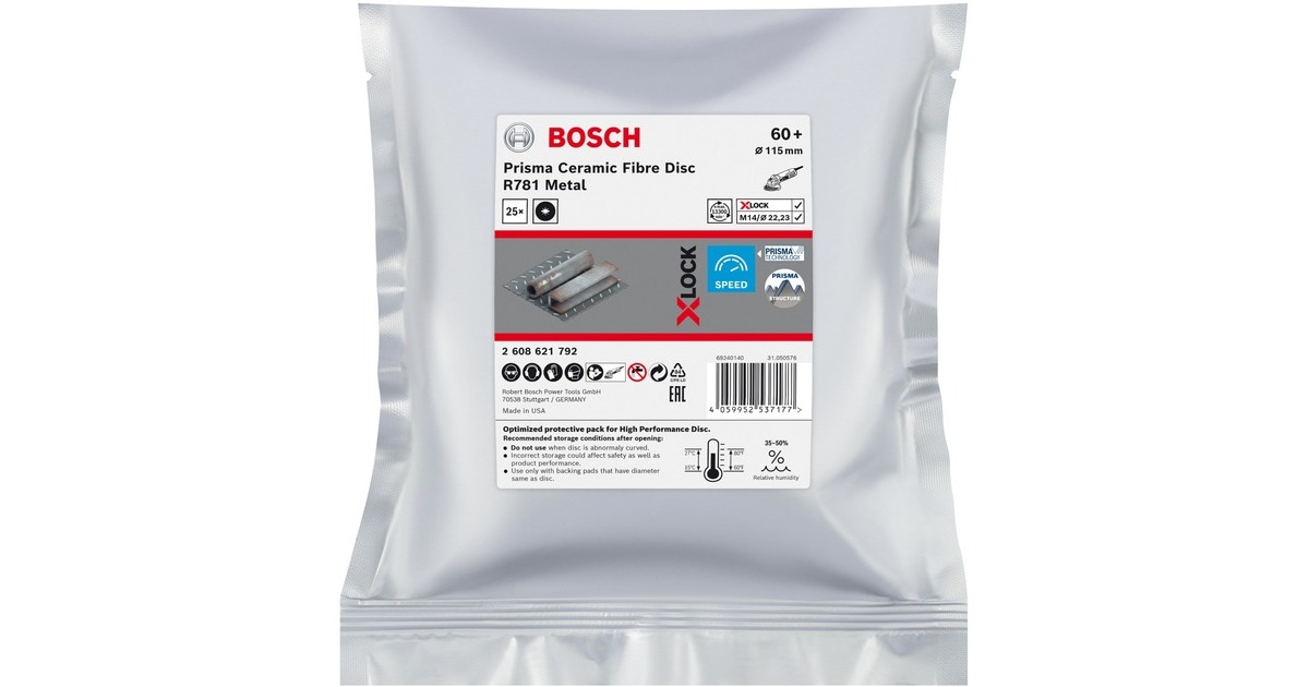 Bosch X-LOCK Expert R781 Prisma Ceramic Fiberschleifscheibe, Ø 115mm, K60(25 Stück, Bohrung 22,23mm)