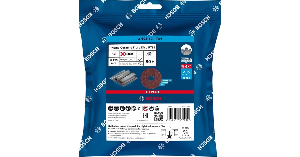 Bosch X-LOCK Expert R781 Prisma Ceramic Fiberschleifscheibe, Ø 125mm, K80(5 Stück, Bohrung 22,23mm)