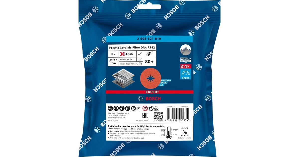 Bosch X-LOCK Expert R782 Prisma Ceramic Fiberschleifscheibe, Ø 125mm, K80(5 Stück, Bohrung 22,23mm)