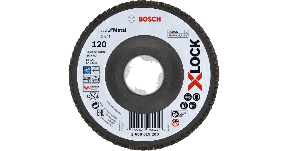 Bosch X-LOCK Fächerscheibe X571 Best for Metal, Ø 115mm, K120, Schleifscheibe(Bohrung 22,23mm, abgewinkelt)