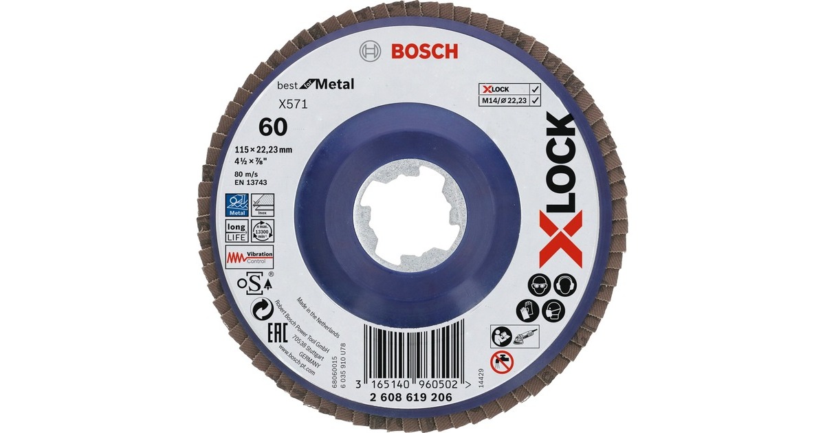 Bosch X-LOCK Fächerscheibe X571 Best for Metal, Ø 115mm, K60, Schleifscheibe(Bohrung 22,23mm, gerade)