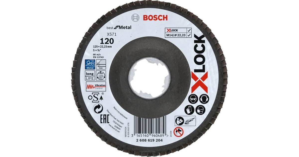 Bosch X-LOCK Fächerscheibe X571 Best for Metal, Ø 125mm, K120, Schleifscheibe(Bohrung 22,23mm, abgewinkelt)