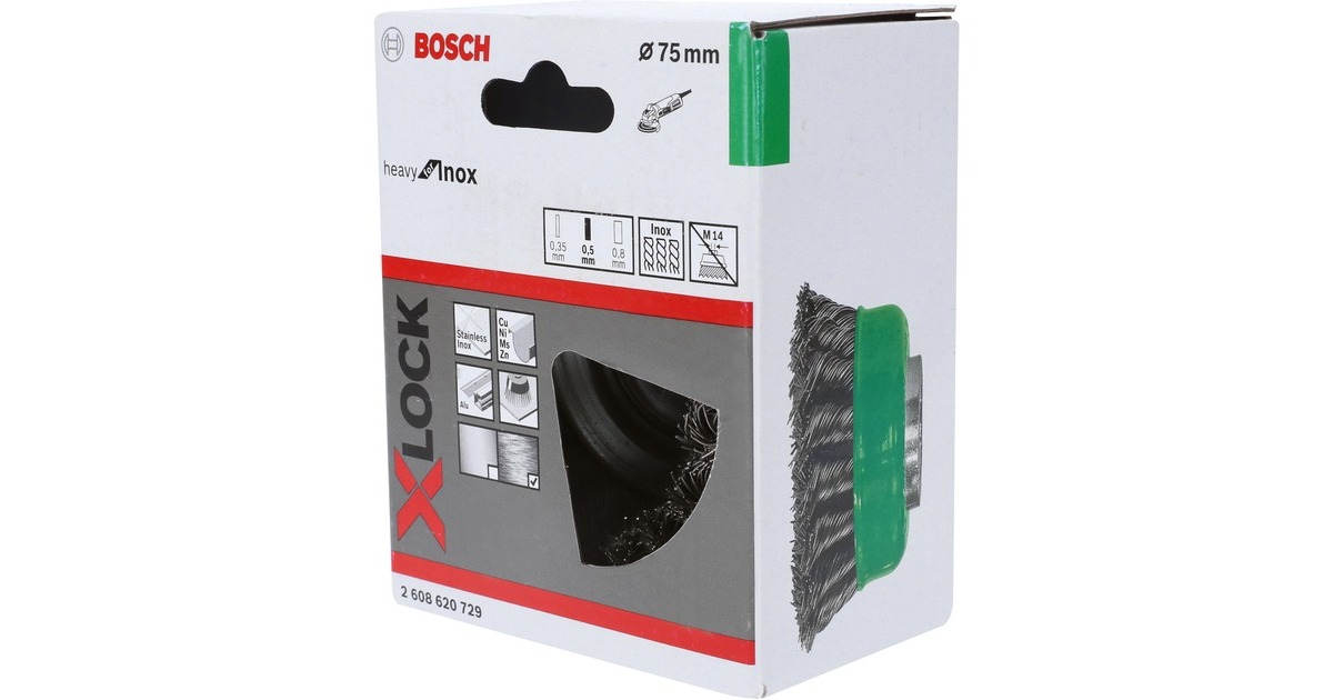 Bosch X-LOCK Topfbürste Heavy for Inox, Ø 75mm, gezopft(0,5mm Edelstahldraht, für X-LOCK Winkelschleifer)