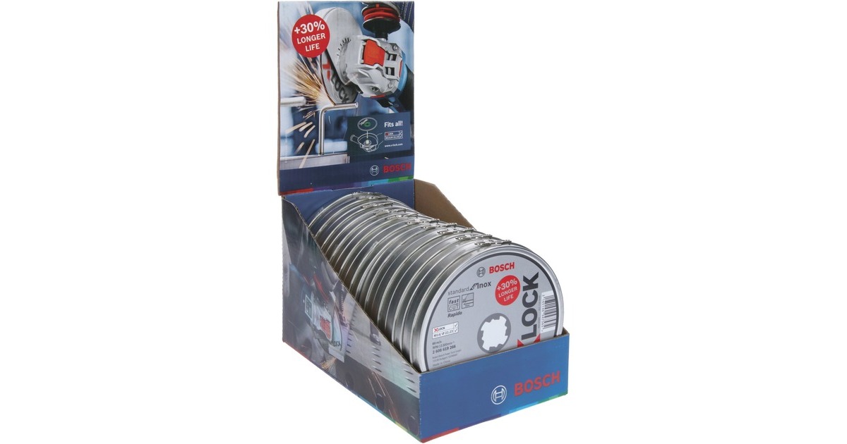 Bosch X-LOCK Trennscheibe Standard for Inox - Rapido, Ø 115mm(10 Stück, Bohrung 22,23mm, WA 60 T BF, gerade) Bosch X-LOCK Trennscheibe Standard for Inox - Rapido, Ø 115mm(10 Stück, Bohrung 22,23mm, WA 60 T BF, gerade)