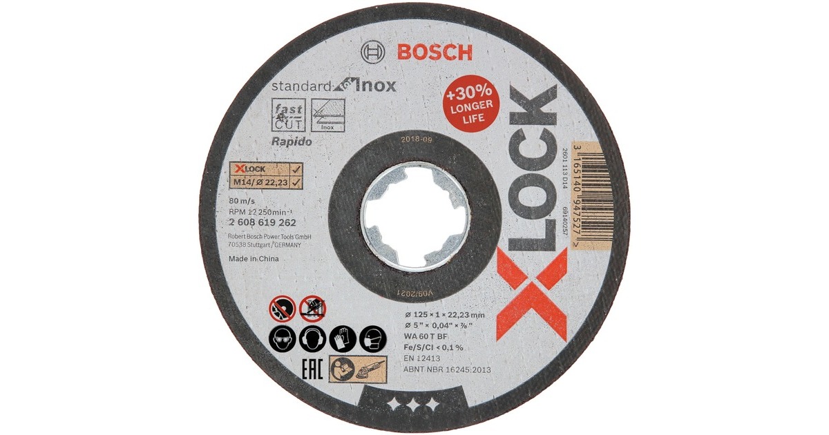 Bosch X-LOCK Trennscheibe Standard for Inox - Rapido, Ø 125mm(Bohrung 22,23mm, WA 60 T BF, gerade) Bosch X-LOCK Trennscheibe Standard for Inox - Rapido, Ø 125mm(Bohrung 22,23mm, WA 60 T BF, gerade)