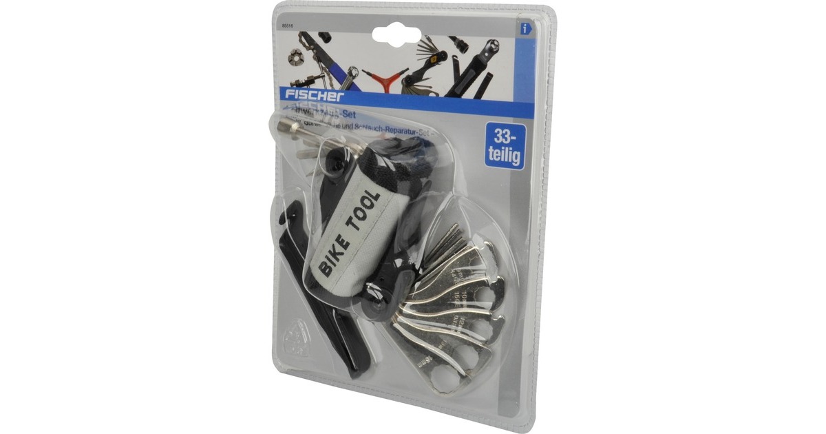 FISCHER Fahrrad Faltwerkzeug Kombi, 33-teilig, Werkzeug-Set(schwarz/grau, Tasche und Flickzeug)