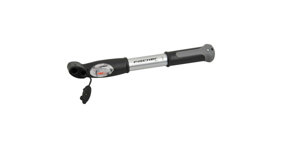 FISCHER Fahrrad Mini-Pumpe Alu Doppelhub Duokopf, Luftpumpe(schwarz/silber, mit Manometer)