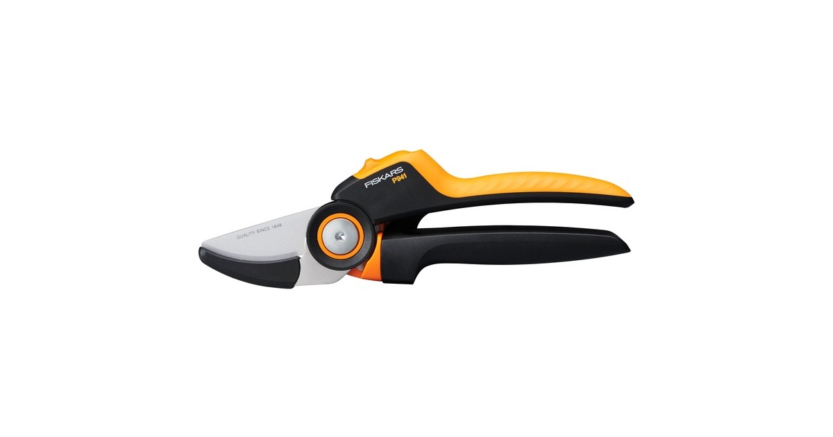 Fiskars PowerGear Rollgriff-Gartenschere P941(schwarz/orange, Amboss-Schere)