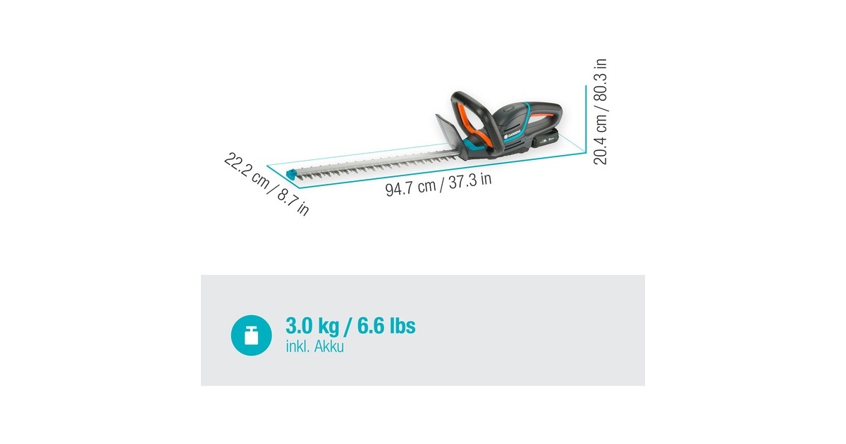 GARDENA Akku-Heckenschere ComfortCut 50/18V P4A, Ready-To-Use Set(grau/türkis, Li-Ion Akku 2,0Ah P4A, POWER FOR ALL ALLIANCE)