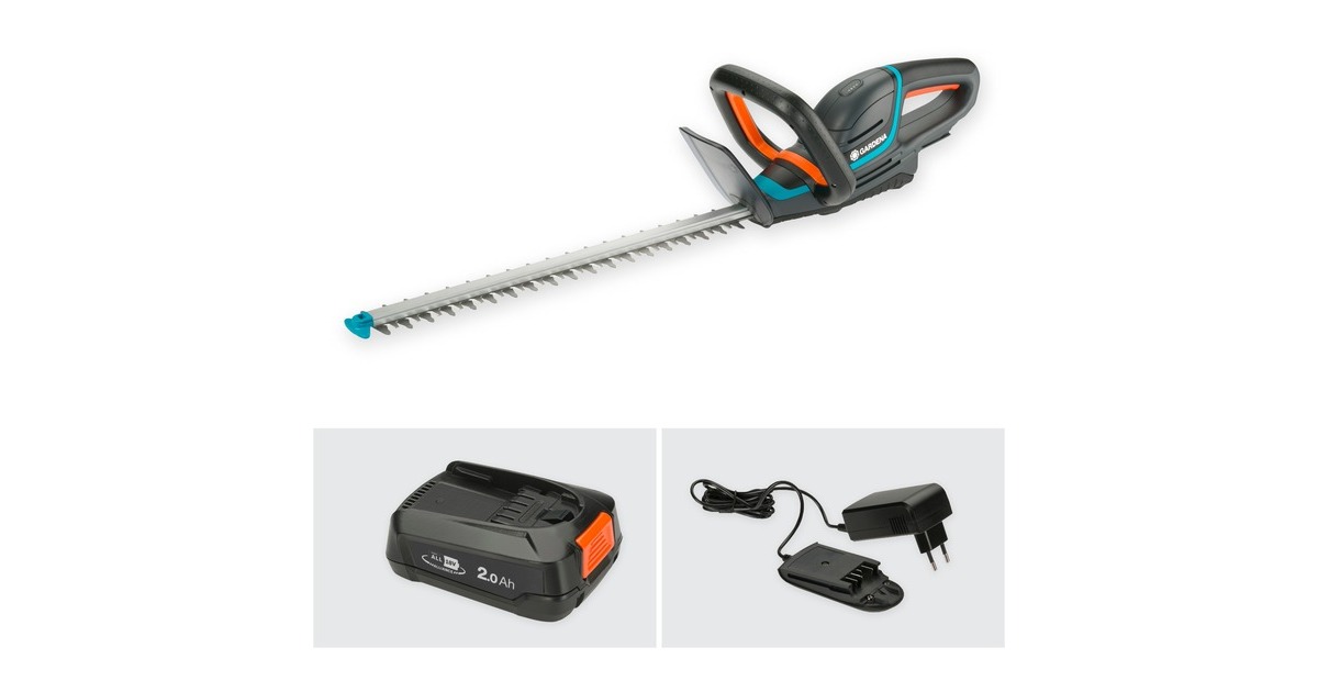 GARDENA Akku-Heckenschere ComfortCut 50/18V P4A, Ready-To-Use Set(grau/türkis, Li-Ion Akku 2,0Ah P4A, POWER FOR ALL ALLIANCE)