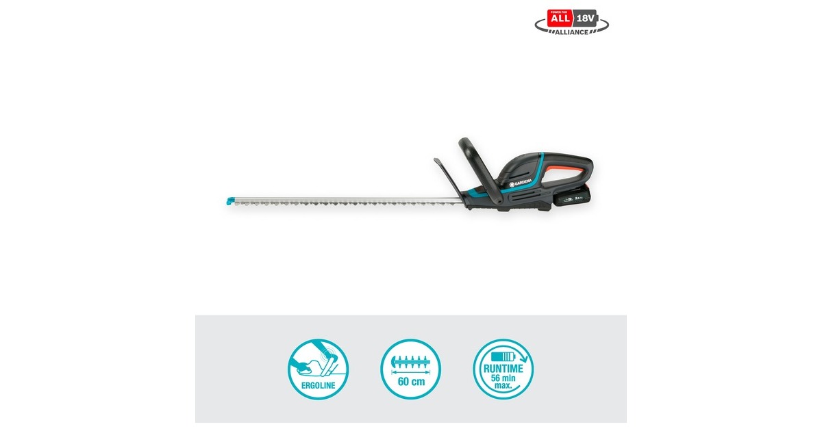 GARDENA Akku-Heckenschere ComfortCut 60/18V P4A, Ready-To-Use Set(grau/türkis, Li-Ion Akku 2,5Ah P4A, POWER FOR ALL ALLIANCE)