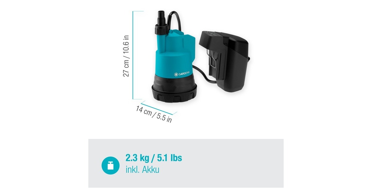 GARDENA Akku-Klarwasser-Tauchpumpe 2000/2 18V P4A Set, Tauch- / Druckpumpe(türkis/schwarz, Li-Ion Akku 2,5Ah P4A, POWER FOR ALL ALLIANCE)