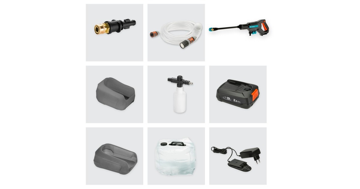 GARDENA Akku-Mitteldruckreiniger AquaClean 24/18V P4A Premium Ready-To-Use Set(grau/türkis, Li-Ion Akku 2,5Ah P4A, POWER FOR ALL ALLIANCE)