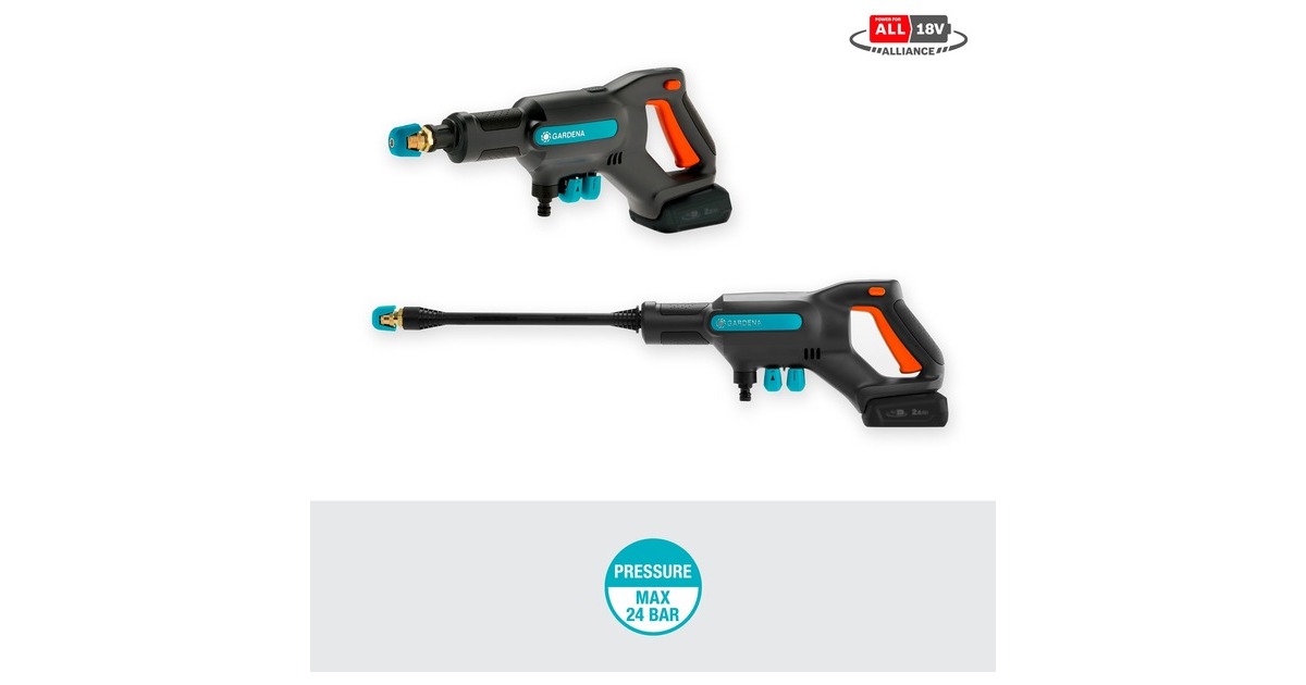 GARDENA Akku-Mitteldruckreiniger AquaClean 24/18V P4A Set(grau/türkis, Li-Ion Akku 2,5Ah P4A, Ready-To-Use, POWER FOR ALL ALLIANCE)