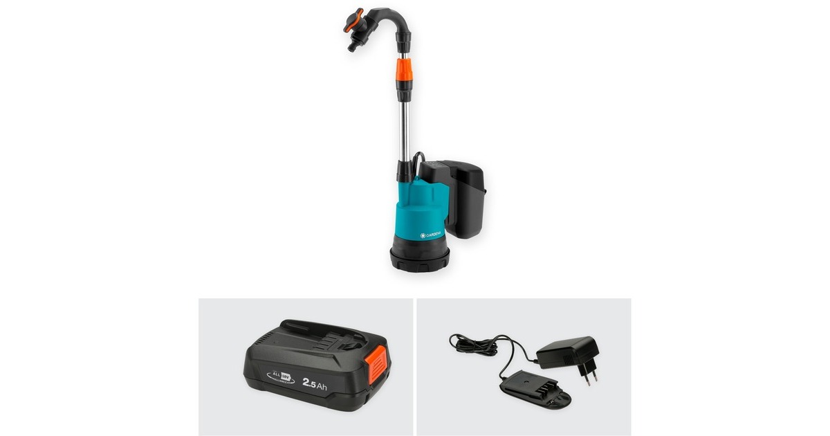 GARDENA Akku-Regenfasspumpe 2000/2 18V P4A Set, Tauch- / Druckpumpe(türkis/grau, Li-Ion Akku 2,5Ah P4A, POWER FOR ALL ALLIANCE)